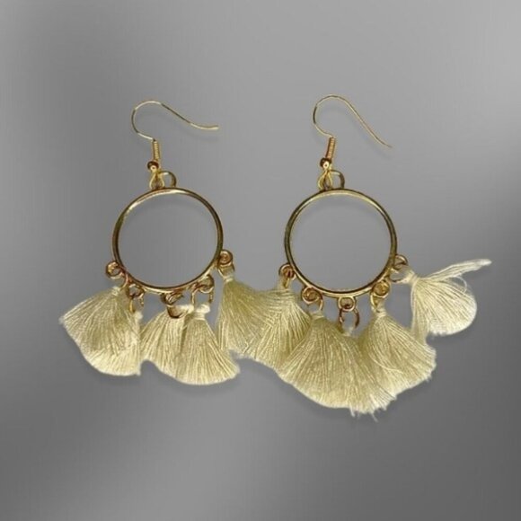 None Jewelry - Tassel Earrings Metal Hoop Closure Lightweight Gold Tone Cream Women's OS NWOT